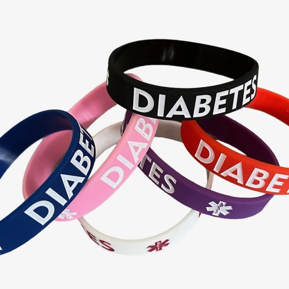 NEW! LOT OF 6 Diabetes Diabetic Medical ID Silicone Bracelets Kid Youth SM Adult